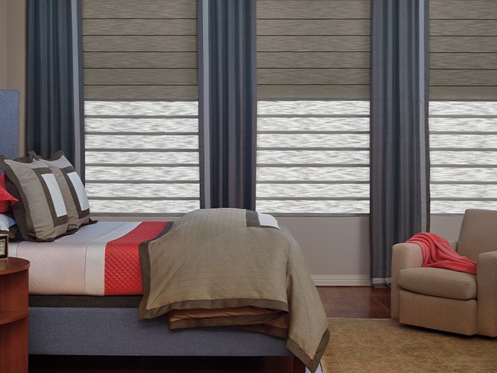 Vignette® Modern Roman Shades with Duolite®; Fabric: Belfast Linen